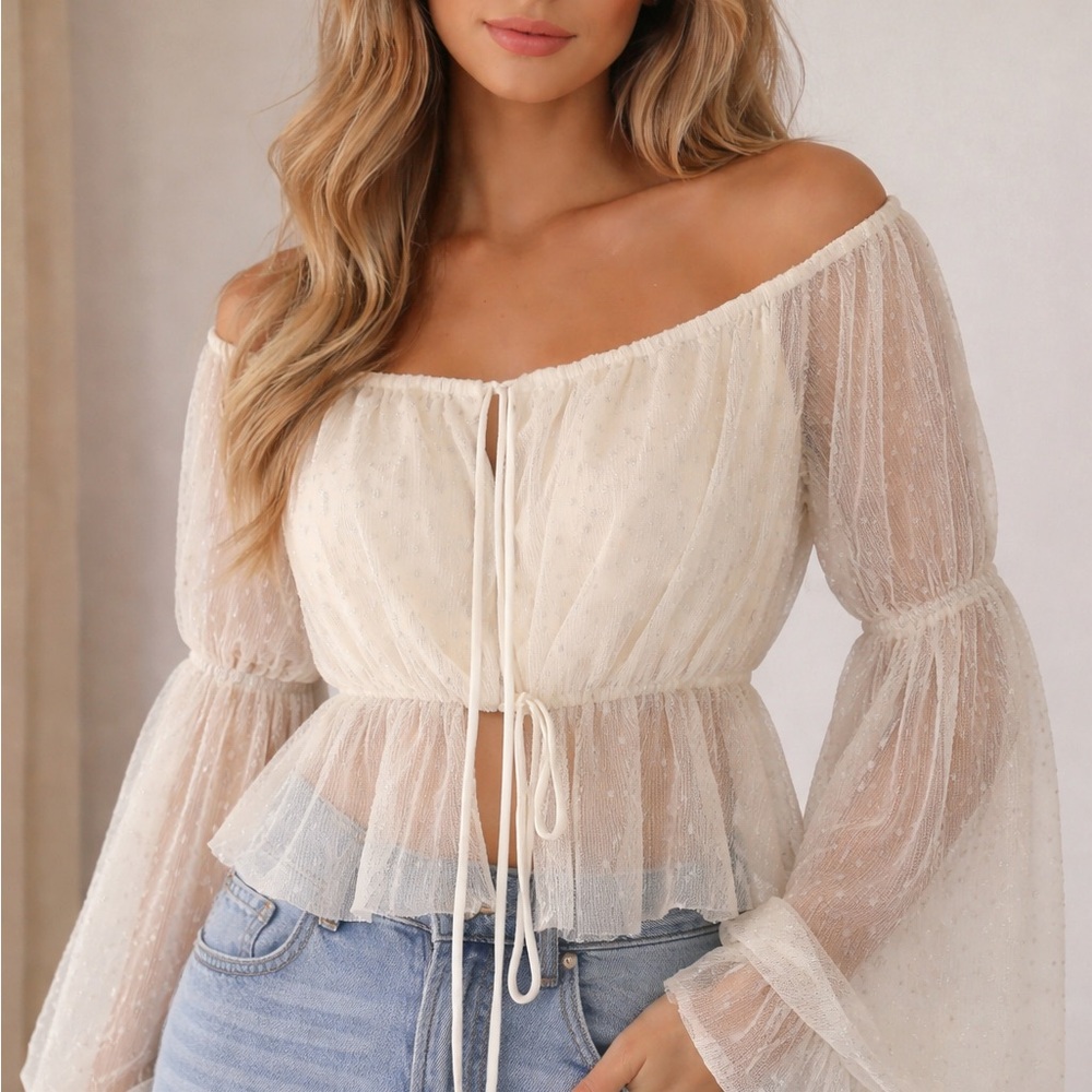 Cream Off-Shoulder Tie-Front Peplum Blouse